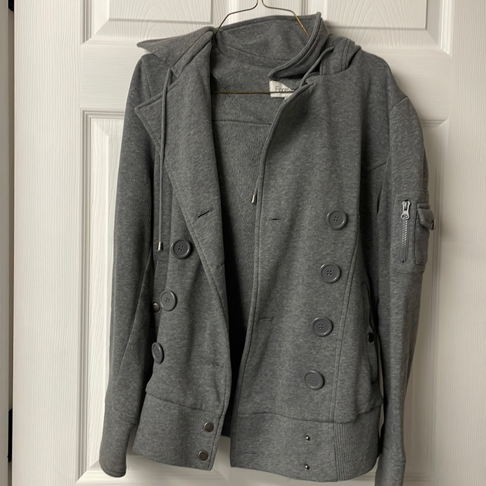 Forever 21 Gray Double-Breasted Hooded Jacket